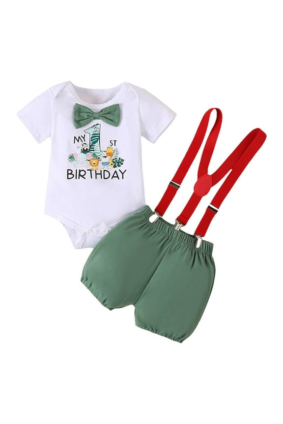 1st Birthday Outfits for Boys Short Sleeve Bodysuit Suspenders Shorts Set, Sizes 12-18M