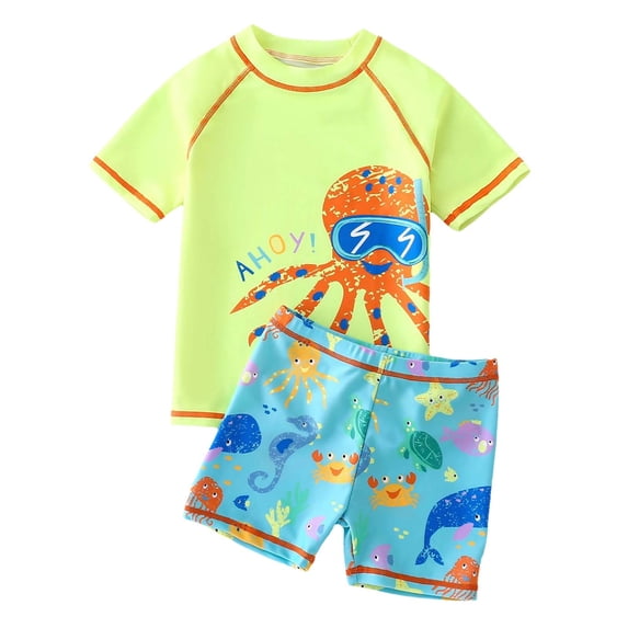 WOYY 2 Piece Swimsuit for Boys Cartoon Short Sleeve Rash Guard Shorts Bathing Suit, Sizes 5-6