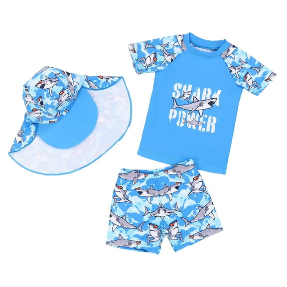 WOYY Baby Boys Cartoon Shark Swimsuit Rash Guard Swim Trunks with Hat Bathing Suit