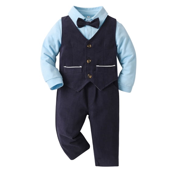 WOYY Baby Boys Outfits Long Sleeve Romper Pants Vest Bowtie 4Pcs Set, Sizes 0-24 Months