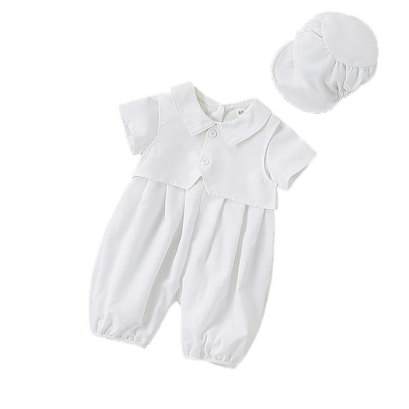 WOYY Baby Boys Summer Outfits Short Sleeve Button White Romper with Hat Suit, Sizes 0-12M