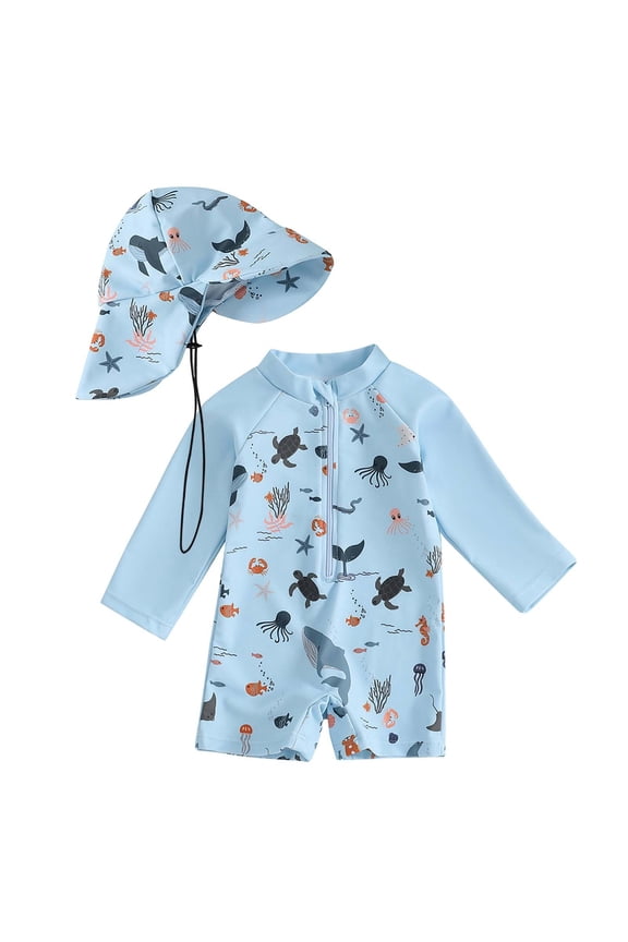 Baby Boys UPF 50+ Long Sleeve Rash Guard One-Piece Swimsuit with Cap, Sizes 3-6 Months
