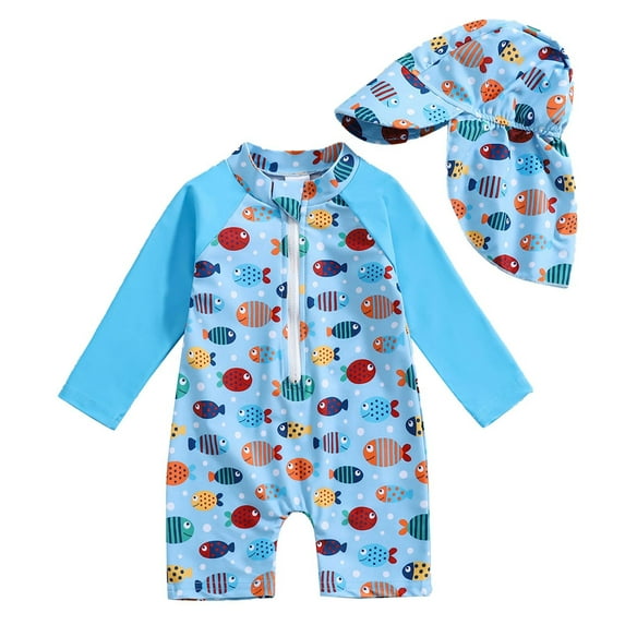 WOYY Baby Boys UPF 50+ Long Sleeve Rash Guard One Piece Swimsuit with Hat, Sizes 3-6 Months