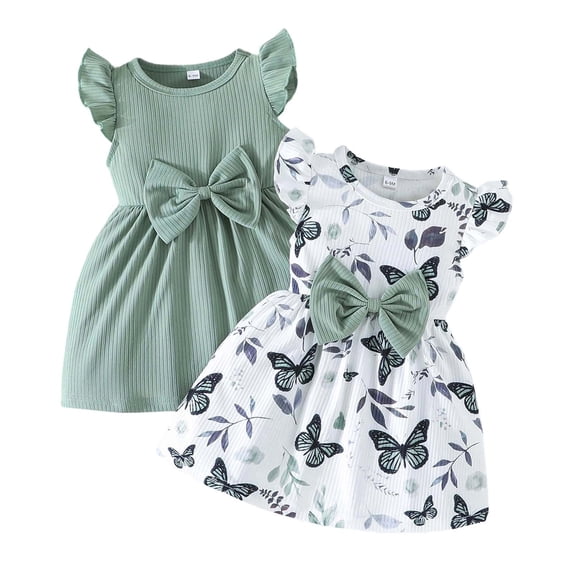 WOYY Baby Girls 2 Pack Dresses Summer Casual Bow Ribbed Princess Dress, Green, Sizes 6M-3T