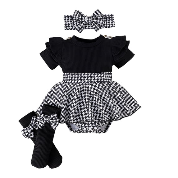 WOYY Baby Girls Houndstooth Ruffle Short Sleeve Romper Socks Headband Outfits, Sizes 0-18M