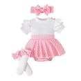 thumbnail image 1 of WOYY Baby Girls Houndstooth Ruffle Short Sleeve Romper Socks Headband Outfits, Sizes 0-18M, 1 of 5