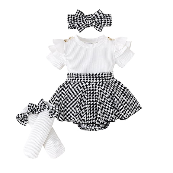 WOYY Baby Girls Houndstooth Ruffle Short Sleeve Romper Socks Headband Outfits, Sizes 0-18M