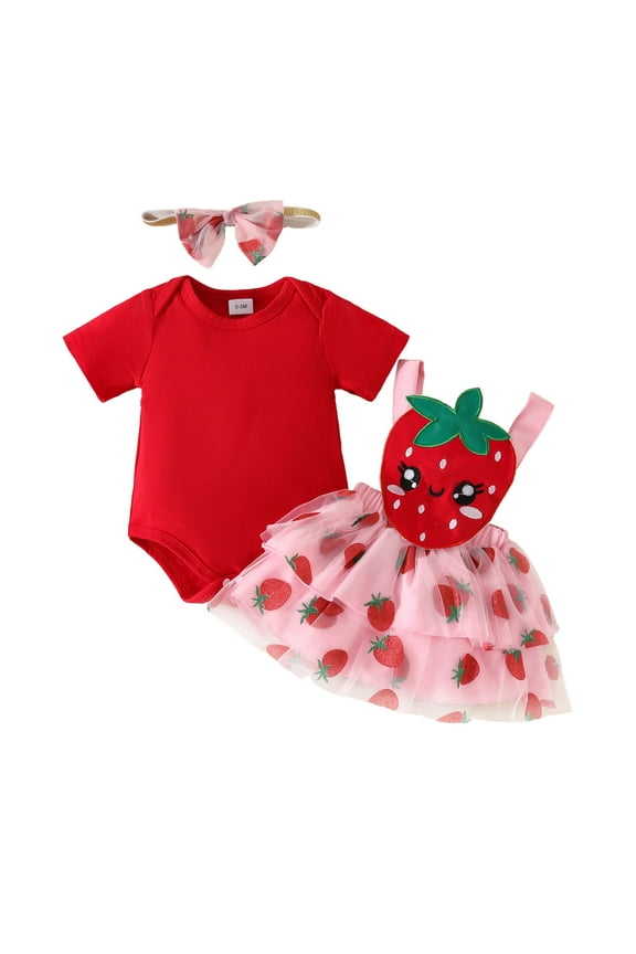 Baby Girls Strawberry Outfits Baby Cute Short Sleeve Bodysuit Skirt Set, Sizes 0-18 Months