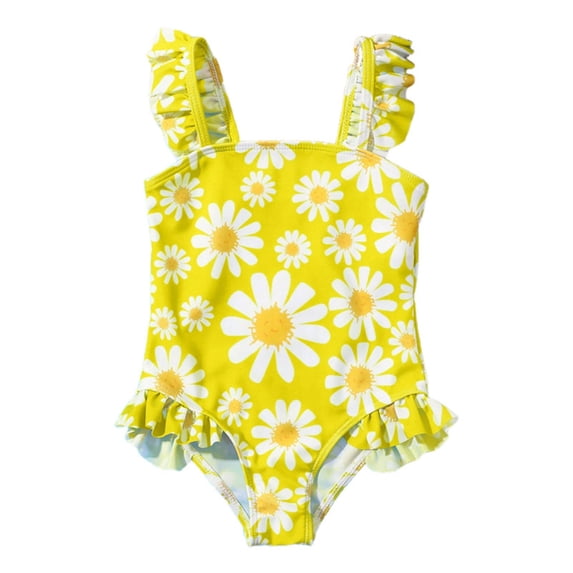 WOYY Baby Girls Sunflower Print Ruffle One-Piece Swimsuit UPF 50+ Bathing Suit, Sizes 12-18 Months