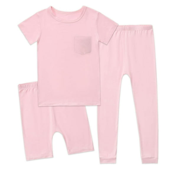WOYY Baby Pajamas 3 Piece Set Short Sleeve T-Shirt Shorts Pants Sleepwear Set, Sizes 2-14
