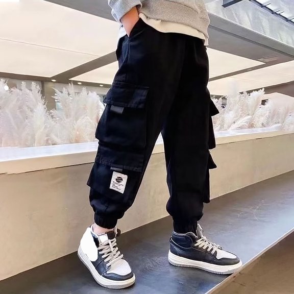 WOYY Big Boy's Cargo Pants Solid Color Elastic Waist Sweatpants Children's Trousers