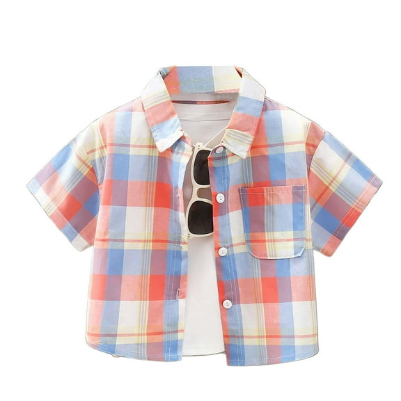 WOYY Big Boys Checkered Short Sleeve Shirt Summer Button Down Shirt, Sizes 2-12 & Husky