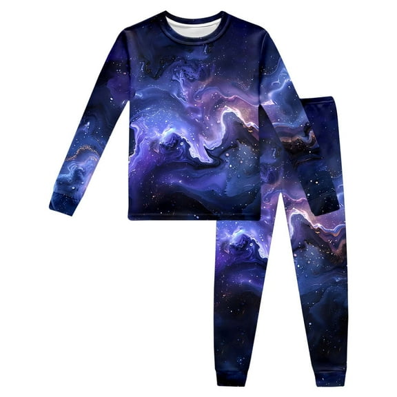 WOYY Big Boys Galaxy Pajamas Space Star Print Long Sleeved T-Shirt Pants Sleepwear Set