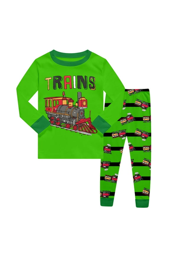 Big Boys Outfit Sets Train Print Ribbed Long Sleeve Top Pants Sleepwear, Sizes 9-10