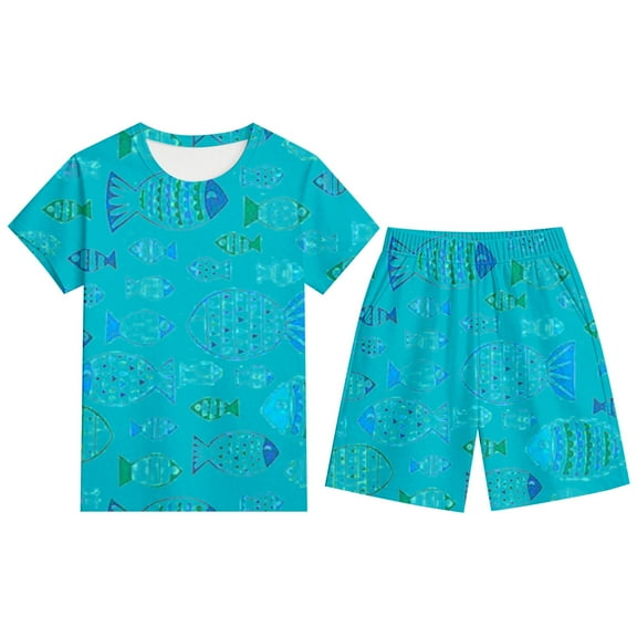 WOYY Big Boys Pajamas Fish Print Short Sleeve T-Shirt Shorts Soft Homewear, Sizes 3-13
