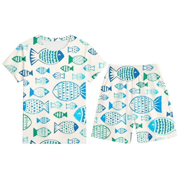 WOYY Big Boys Pajamas Fish Print Short Sleeve T-Shirt Shorts Soft Homewear, Sizes 3-13