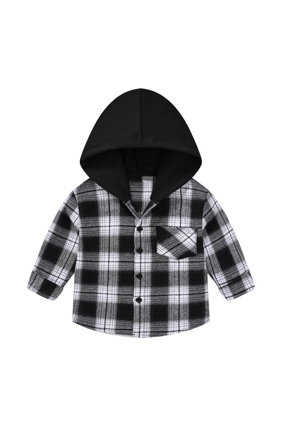 Big Boys Plaid Hooded Jacket Long Sleeve Button Shirt Spring Fall Cardigan Coat