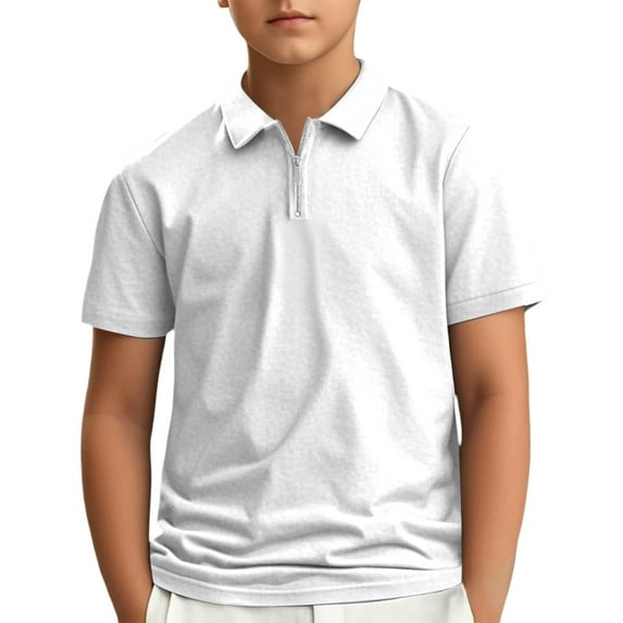 WOYY Little Boys Zipper Collared Polo Shirt Solid Color Short Sleeve Casual T-Shirt