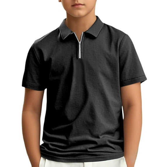 WOYY Big Boys Zipper Collared Polo Shirt Solid Color Short Sleeve Casual T-Shirt