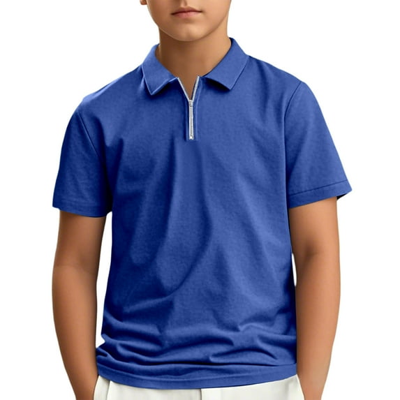 WOYY Big Boys Zipper Collared Polo Shirt Solid Color Short Sleeve Casual T-Shirt