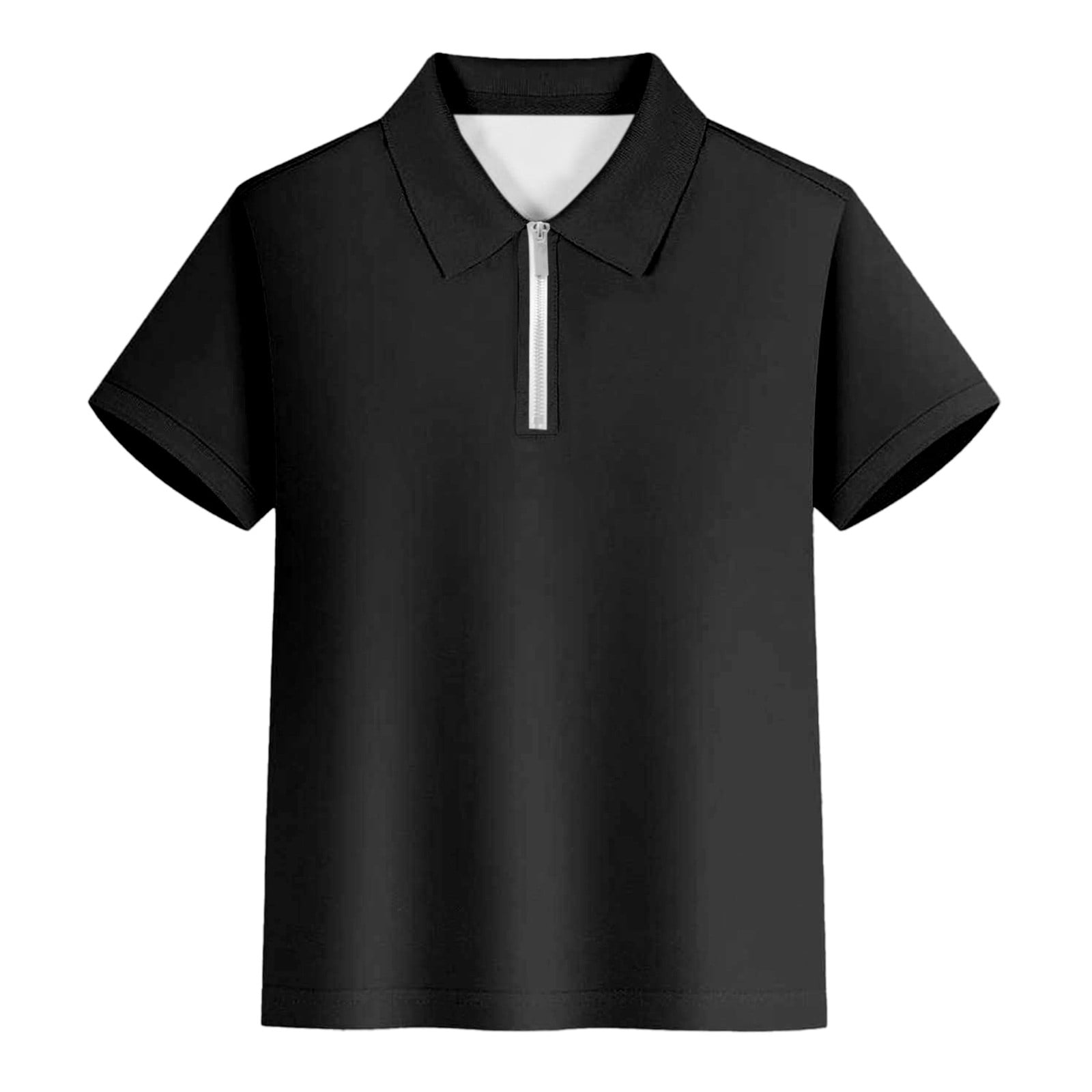 WOYY Big Boys Zipper Polo Shirt Solid Color Short Sleeve T-Shirt