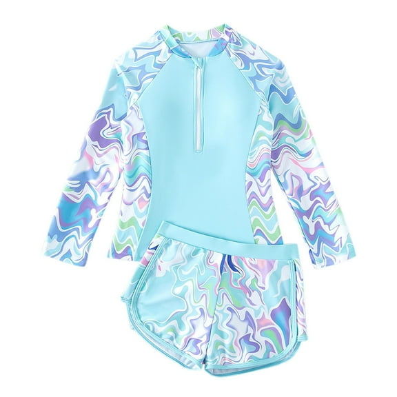 WOYY Big Girl Quick Dry Long Sleeve Rash Guard and Boyshorts 2-Piece Swimsuit Swimwear
