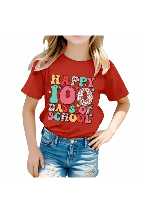 Big Girl's 100 Days of School T-Shirt Letter Print Short Sleeve Crewneck T Shirt