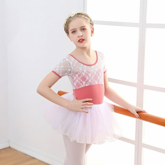 WOYY Big Girl's Ballet Dance Dress Lace Short Sleeve Leotards with Removable Tutu Skirt
