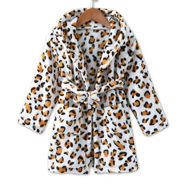 WOYY Big Girl's Flannel Bathrobe Leopard Hooded Sleepwear Robe Thicken Warm Homewear