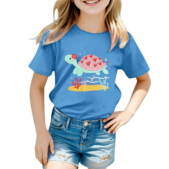 WOYY Big Girl's Graphic T-Shirt Cartoon Turtle Print Short Sleeve T Shirt for Kids