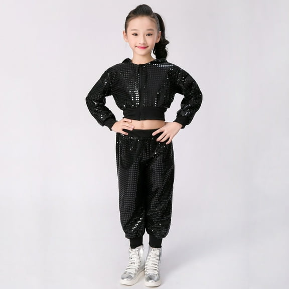 WOYY Big Girl's Sequin Glitter Outfits Party Carnival Dance Jacket Pants 2Pcs Sets