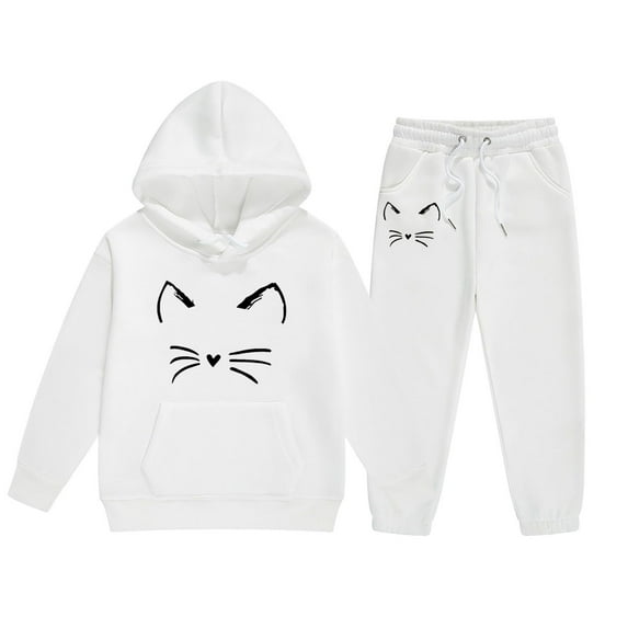 WOYY Big Girl's Sports Outfits Cute Cat Print Hoodie Jogger Pants Casual Sweatsuits
