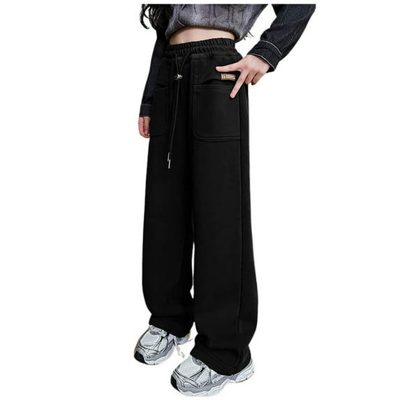 WOYY Big Girl's Sweatpants Solid Loose Straight Pants Children's Casual Trousers