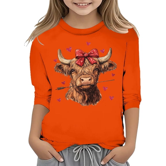 WOYY Big Girl's Valentine's Day T-Shirt Cartoon Highland Cow Print 3/4 Sleeve T Shirt