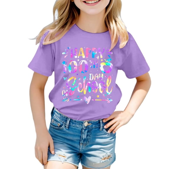 WOYY Big Girls 100 Days of School Shirt Short Sleeved Tshirt Casual Kids T Shirt Tee
