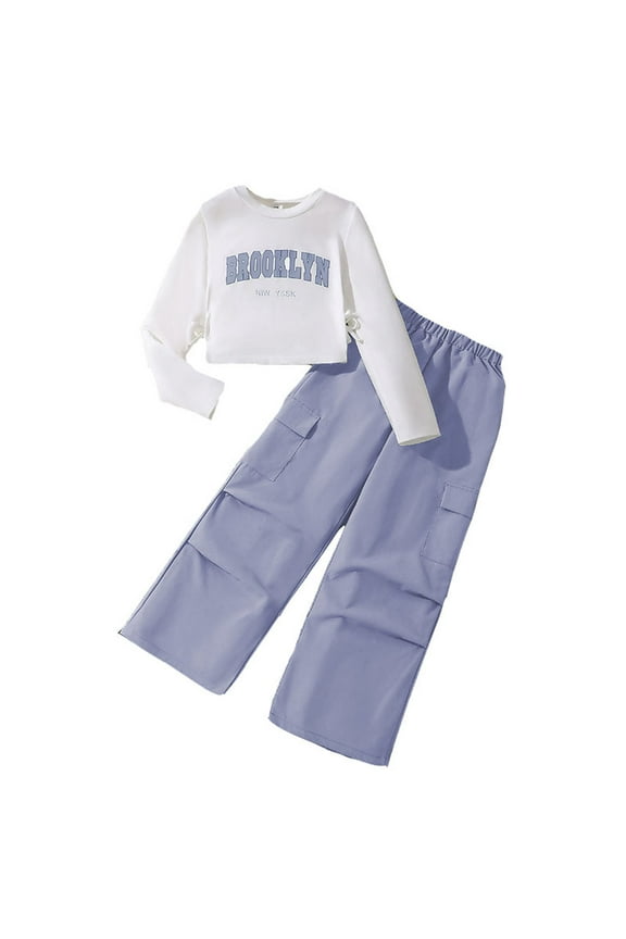 Big Girls 2 Piece Outfits Long Sleeve T-Shirt and Cargo Pants Set, Sizes 7-12