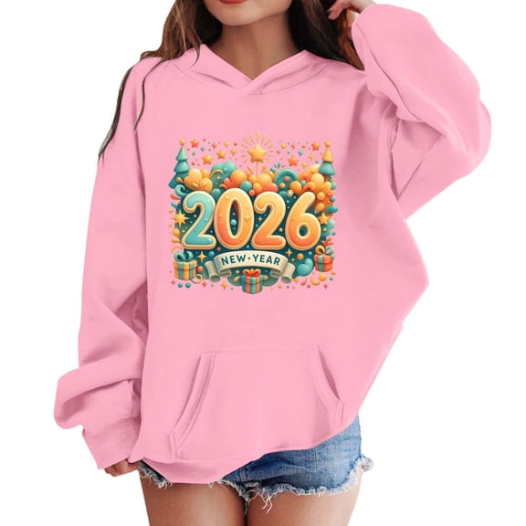 WOYY Big Girls 2026 New Year Hoodie Letter Print Kids Hooded Sweatshirt, Sizes 8-9