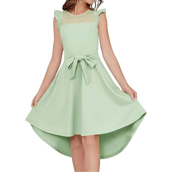 WOYY Big Girls A Line Dress Sleeveless Ruffle Irregular Dress with Belt, Sizes 13-14Y