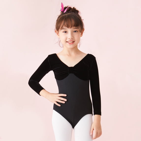 WOYY Big Girls Ballet Dance Leotard V Neck Long Sleeve Bodysuit Solid Fitness Onesie