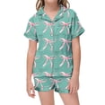 thumbnail image 1 of WOYY Big Girls Bow Outfit Set Short Sleeve Button Shirt Shorts Sleepwear, Sizes 10-11, 1 of 3