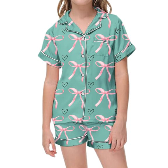 WOYY Big Girls Bow Pajama Set Short Sleeve Button Shirt Shorts Sleepwear, Sizes 8-9