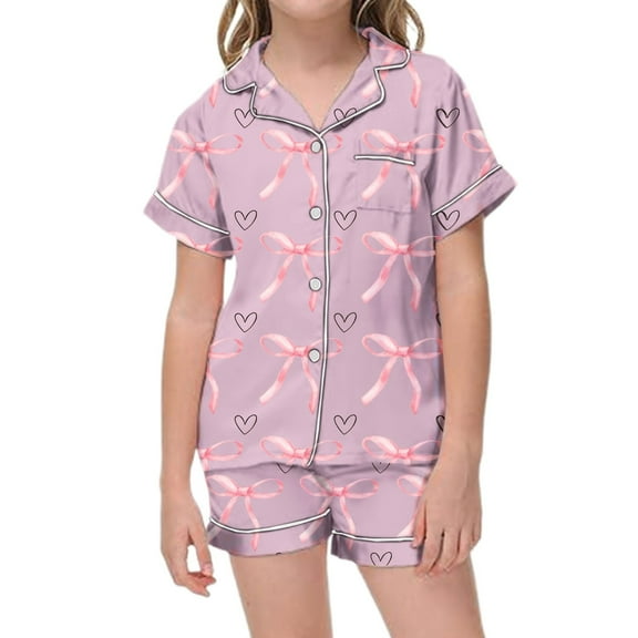 WOYY Big Girls Bow Pajama Set Short Sleeve Button Shirt Shorts Sleepwear, Sizes 8-9