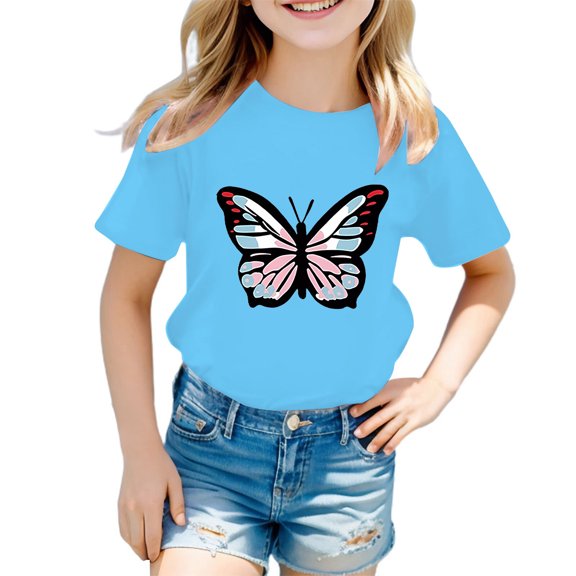 WOYY Big Girls Butterfly Print Graphic Tee Short Sleeve Crewneck T-Shirt, Sizes 3-12