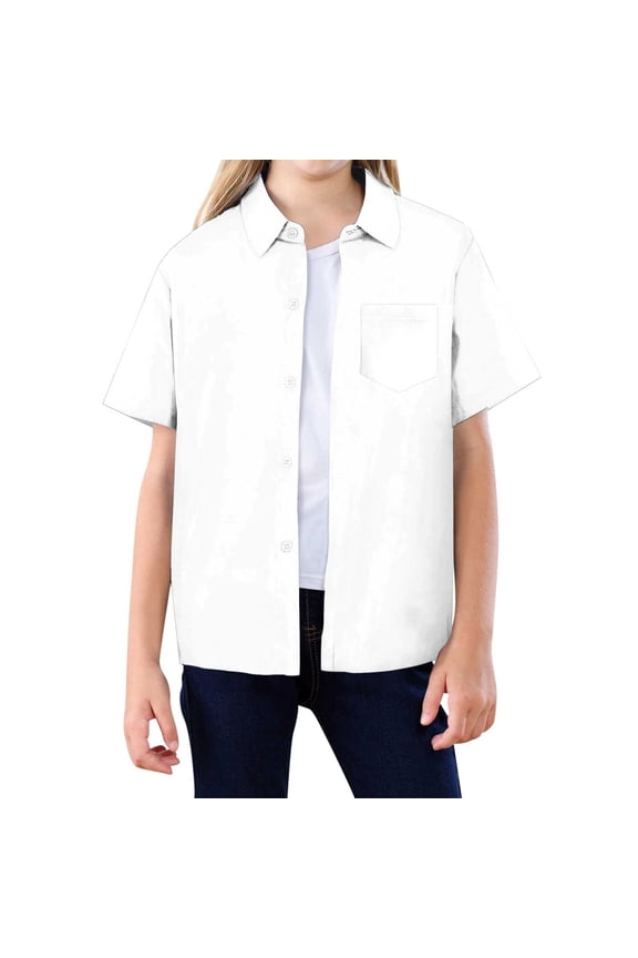 Big Girls Button Up Shirt Solid Color Short Sleeve Casual Shirt, White