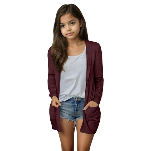WOYY Big Girls Cardigan Jacket Solid Color Casual Long Sleeve Coat Shirt, Sizes 9-10