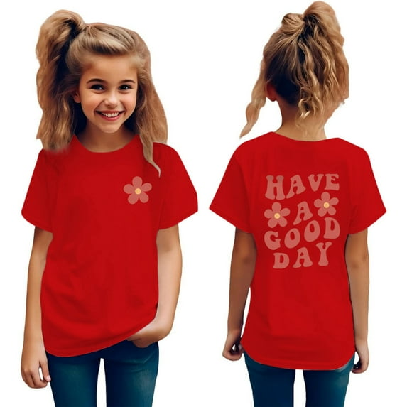 WOYY Big Girls Casual T Shirt Letter Print Short Sleeve T-Shirt Summer Loose Tshirt