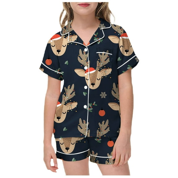 WOYY Big Girls Christmas Pajama Sets Reindeer Print Button Down Shirt Shorts Nightwear