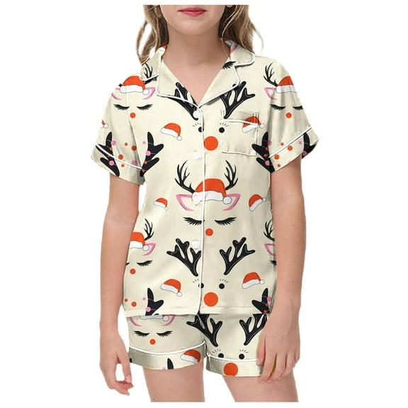 WOYY Big Girls Christmas Pajama Sets Reindeer Print Button Down Shirt Shorts Nightwear