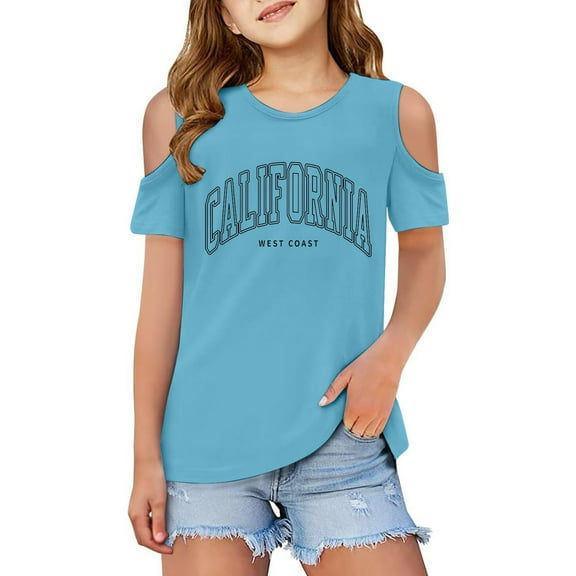 WOYY Big Girls Cold Shoulder T-Shirt California Print Short Sleeve T Shirt, Sizes 3-12
