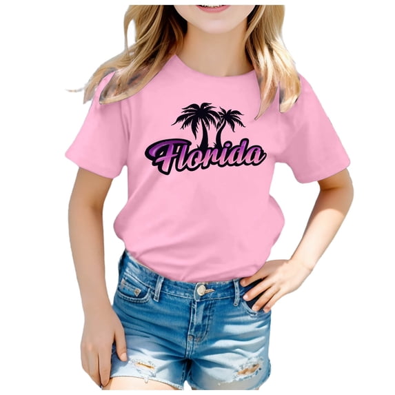 WOYY Big Girls Cotton T Shirt Florida Printed Short Sleeved Crew Neck T-Shirt Tee
